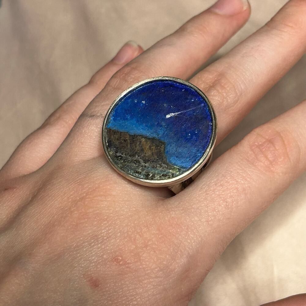 Handmade Victoria Carlson Sterling Silver Landscape Painting Statement Ring 8.5 - Picture 3 of 10